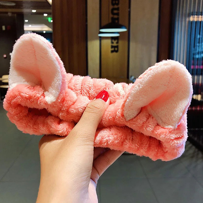 Soft Warm Coral Fleece Bow Animal Ears Headband for Wash Face