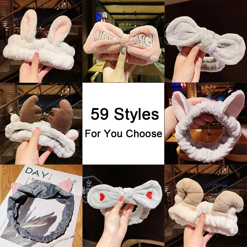 Soft Warm Coral Fleece Bow Animal Ears Headband for Wash Face
