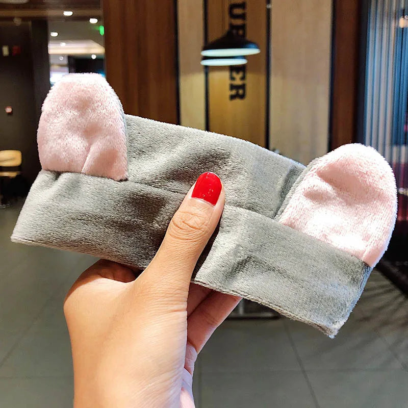 Soft Warm Coral Fleece Bow Animal Ears Headband for Wash Face