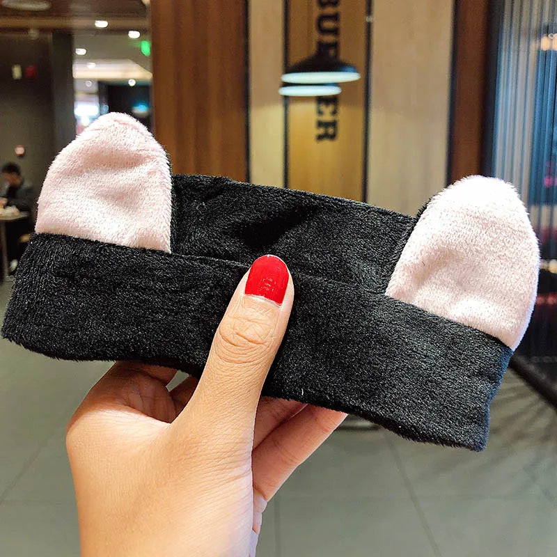 Soft Warm Coral Fleece Bow Animal Ears Headband for Wash Face