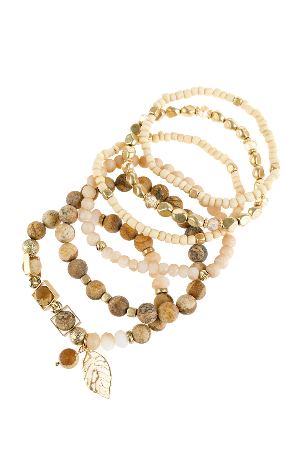 Natural Stone Mixed Beads Leaf Charm Bracelet