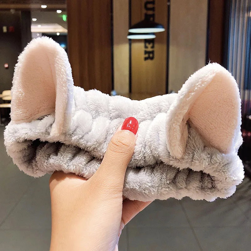 Soft Warm Coral Fleece Bow Animal Ears Headband for Wash Face