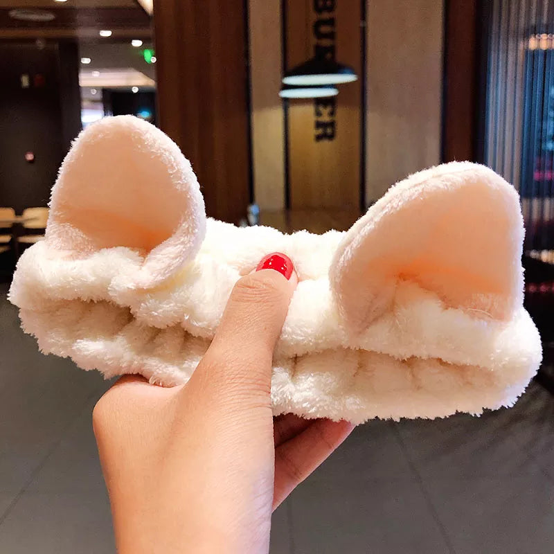 Soft Warm Coral Fleece Bow Animal Ears Headband for Wash Face