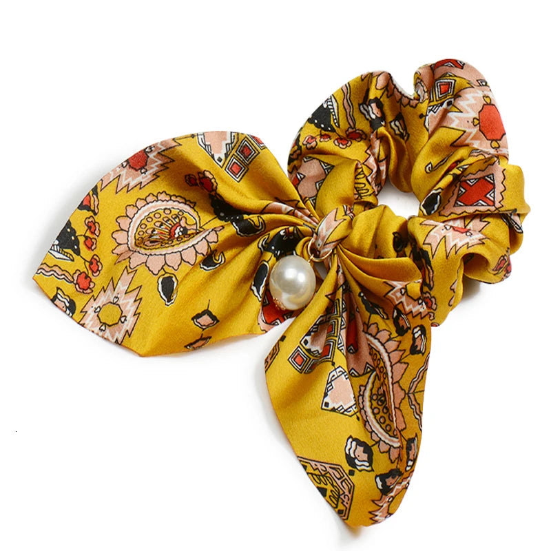 Chiffon Hair Scrunchies Pearl Ponytail Holder Bowknot Headwear