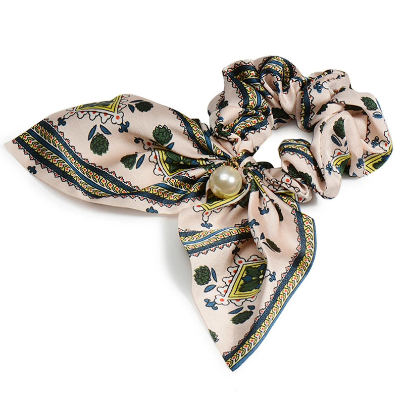 Chiffon Hair Scrunchies Pearl Ponytail Holder Bowknot Headwear