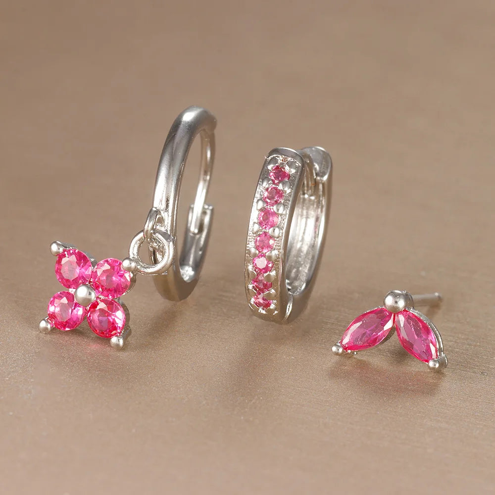 3PCS Stainless Steel Flower Drop Earring Set - Crystal Zirconia Dangle