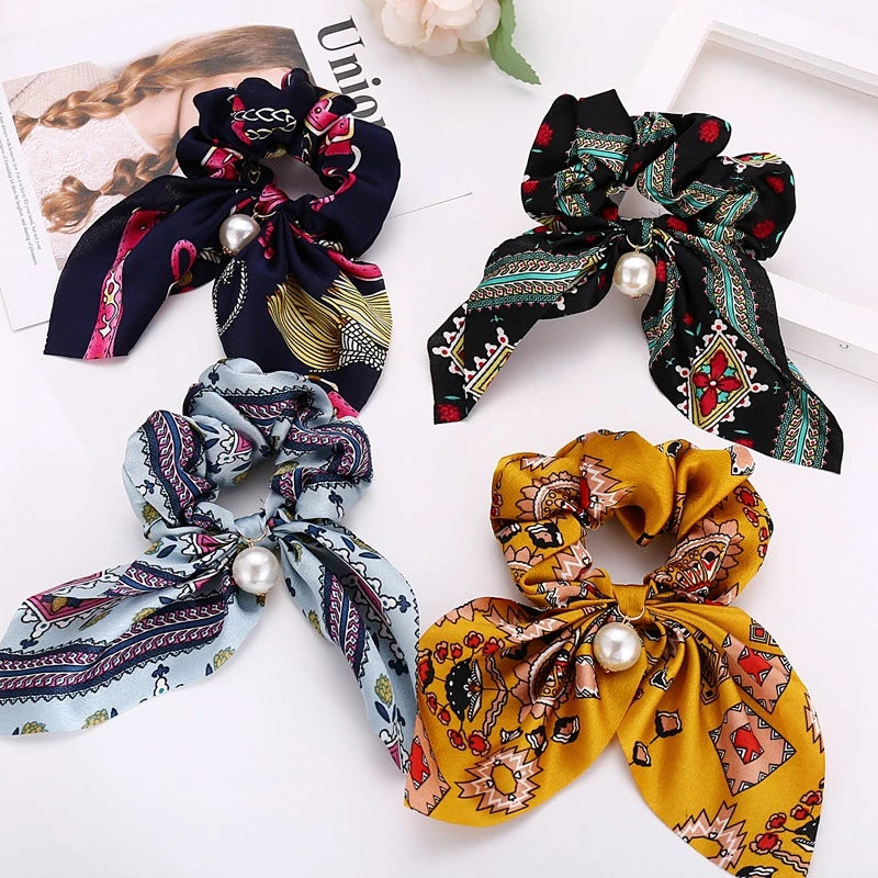 Chiffon Hair Scrunchies Pearl Ponytail Holder Bowknot Headwear