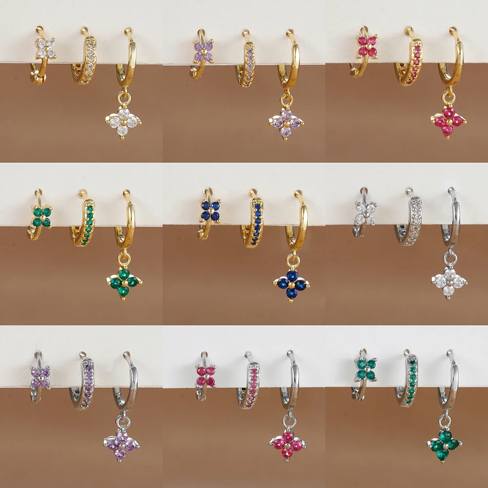 3PCS Stainless Steel Flower Drop Earring Set - Crystal Zirconia Dangle