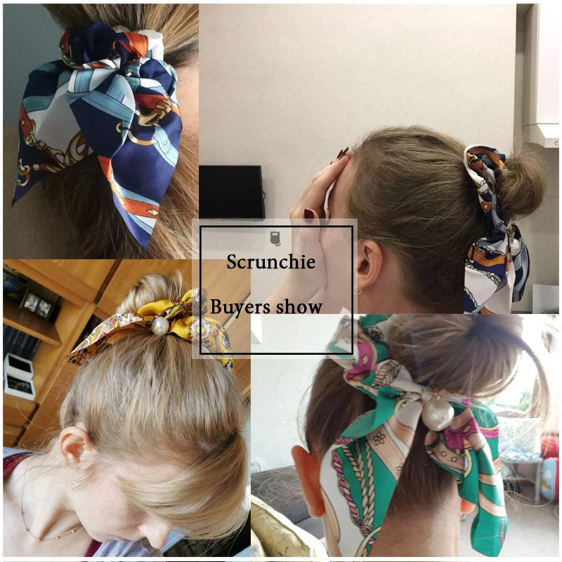 Chiffon Hair Scrunchies Pearl Ponytail Holder Bowknot Headwear