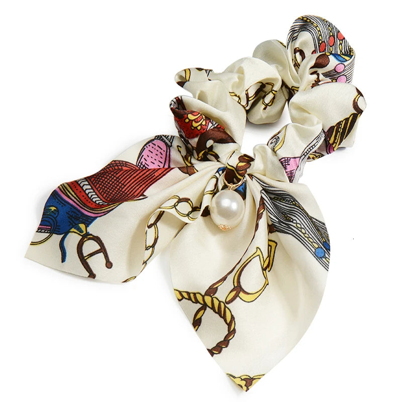 Chiffon Hair Scrunchies Pearl Ponytail Holder Bowknot Headwear