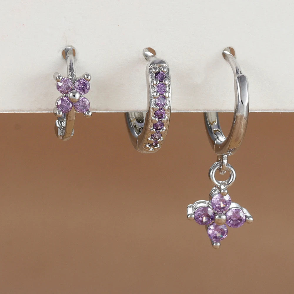 3PCS Stainless Steel Flower Drop Earring Set - Crystal Zirconia Dangle