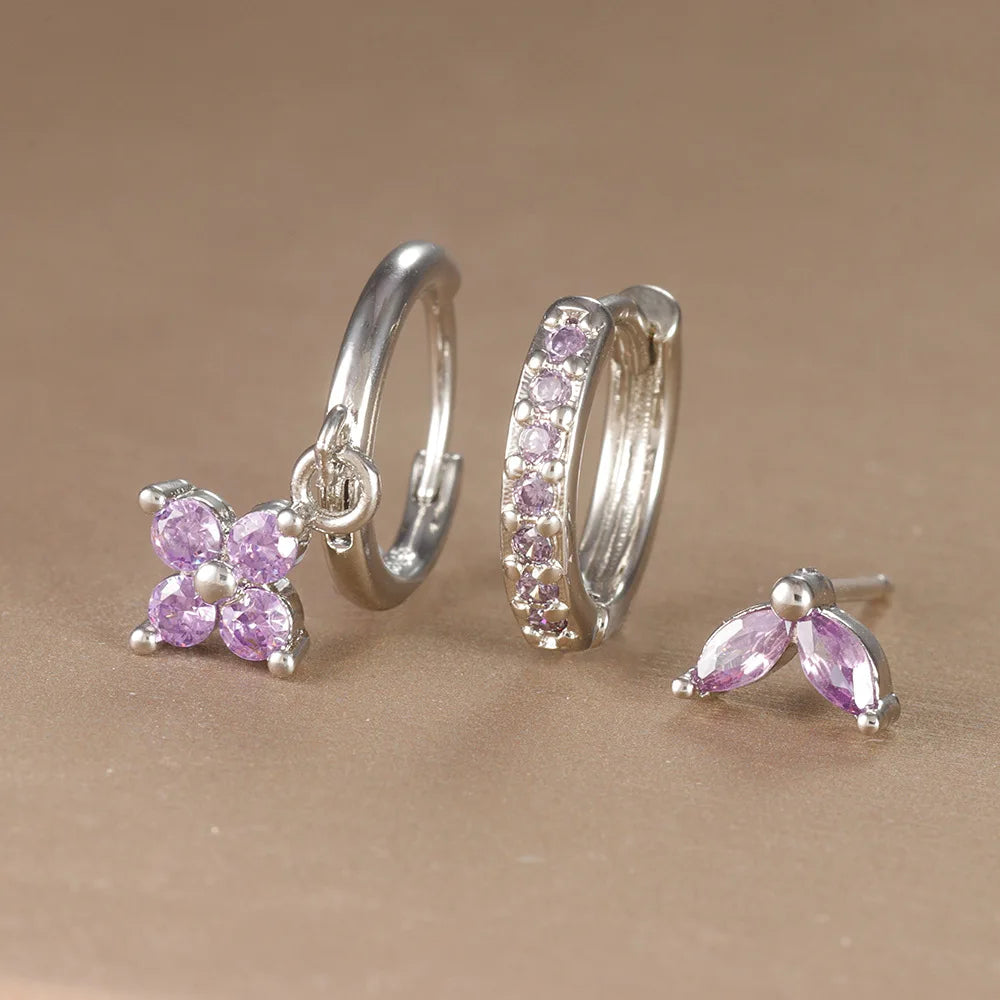 3PCS Stainless Steel Flower Drop Earring Set - Crystal Zirconia Dangle