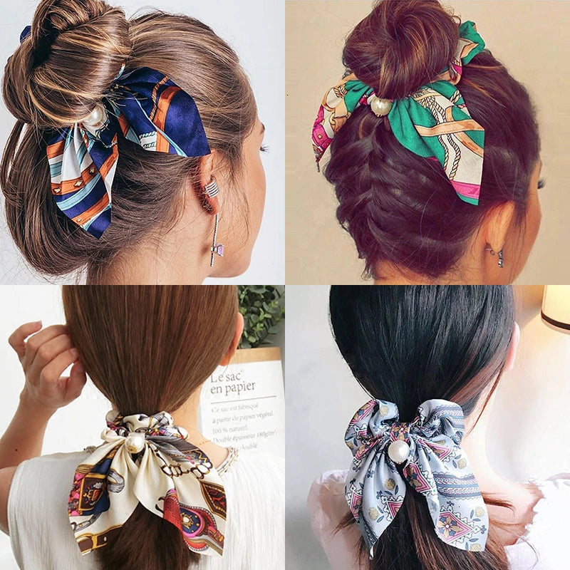 Chiffon Hair Scrunchies Pearl Ponytail Holder Bowknot Headwear