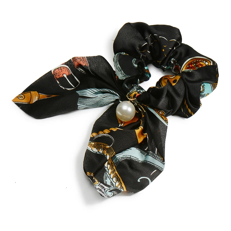 Chiffon Hair Scrunchies Pearl Ponytail Holder Bowknot Headwear